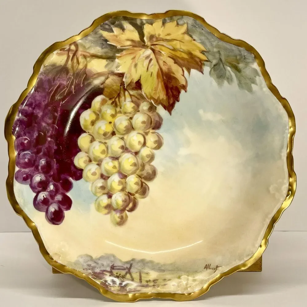 Antique Limoges France Hand Painted Bowl-Grapes on Vine design, Signed by Artist